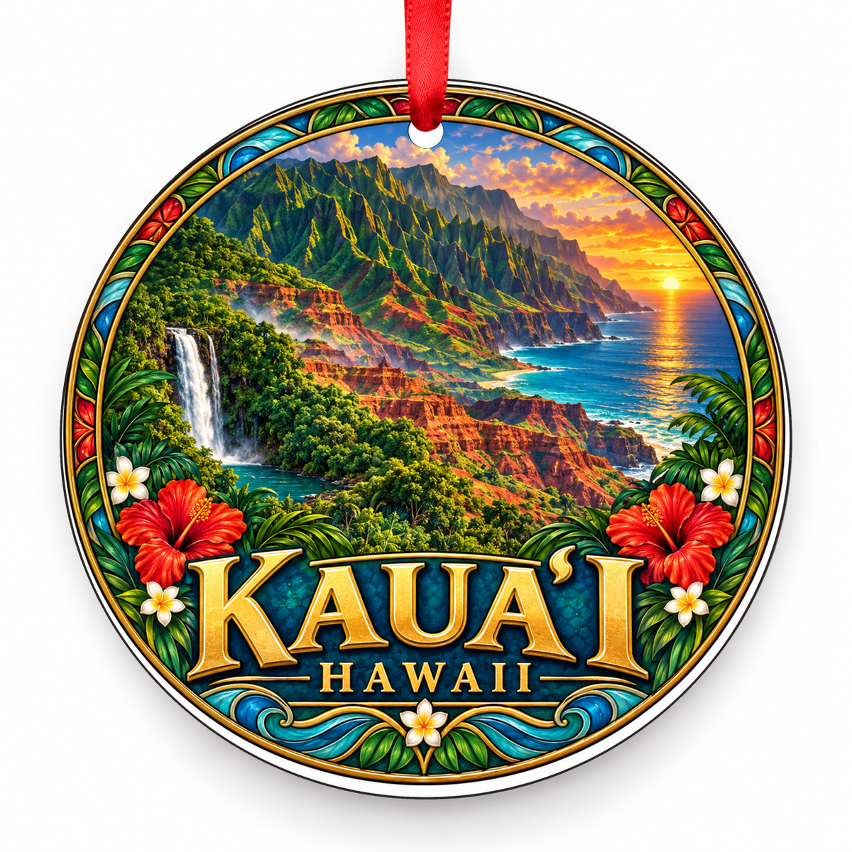 Kauai, Hawaii Retro Travel Christmas Ornament with red hanging ribbon