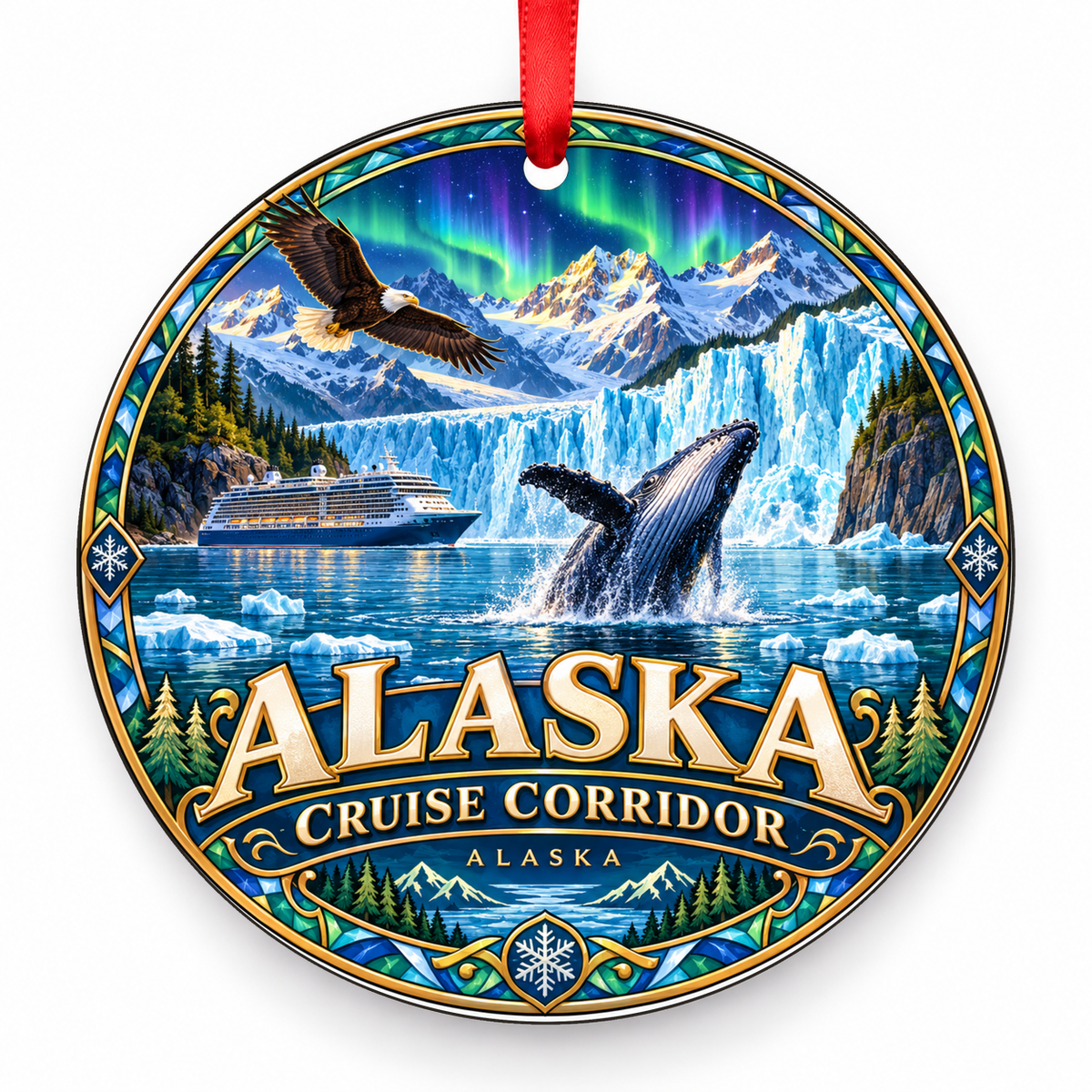 Alaska Cruise Corridor Retro Travel Christmas Ornament with red hanging ribbon