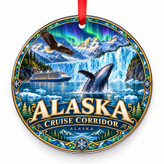 Alaska Cruise Corridor Retro Travel Christmas Ornament with red hanging ribbon
