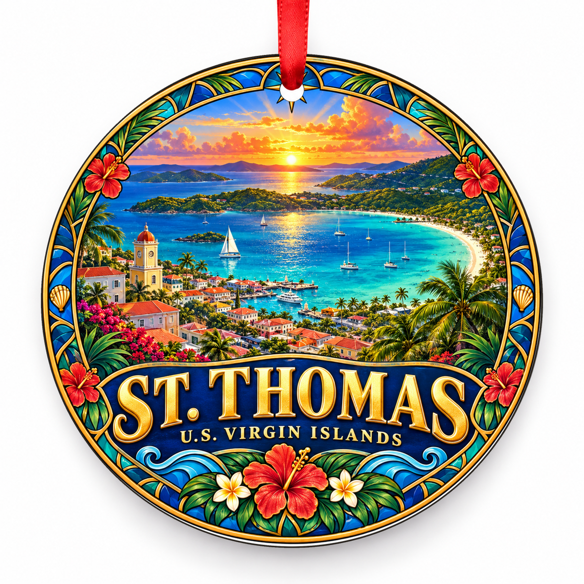 St Thomas, U.S. Virgin Islands Retro Travel Christmas Ornament with red hanging ribbon