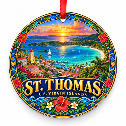 St Thomas, U.S. Virgin Islands Retro Travel Christmas Ornament with red hanging ribbon