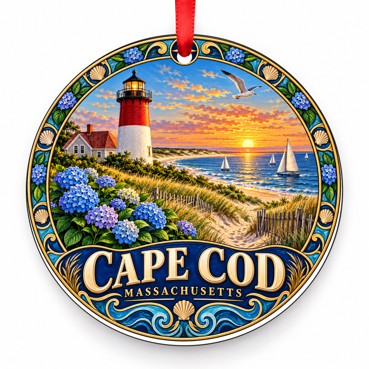 Cape Cod, Massachusetts Retro Travel Christmas Ornament with red hanging ribbon