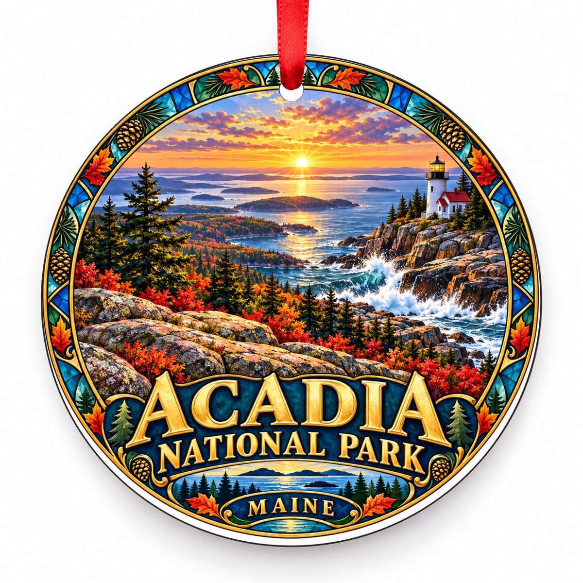 Acadia, Maine Retro Travel Christmas Ornament with red hanging ribbon