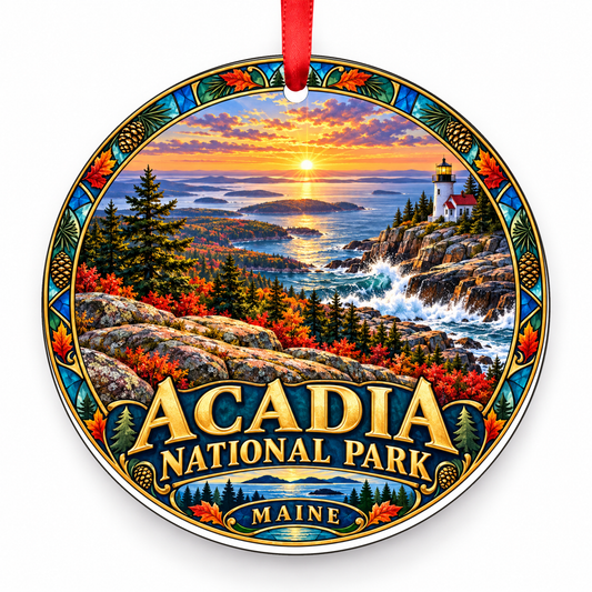 Acadia, Maine Retro Travel Christmas Ornament with red hanging ribbon