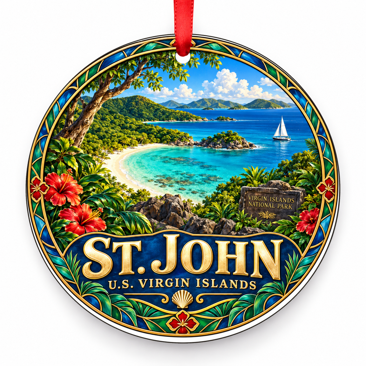 St John, U.S. Virgin Islands Retro Travel Christmas Ornament with red hanging ribbon