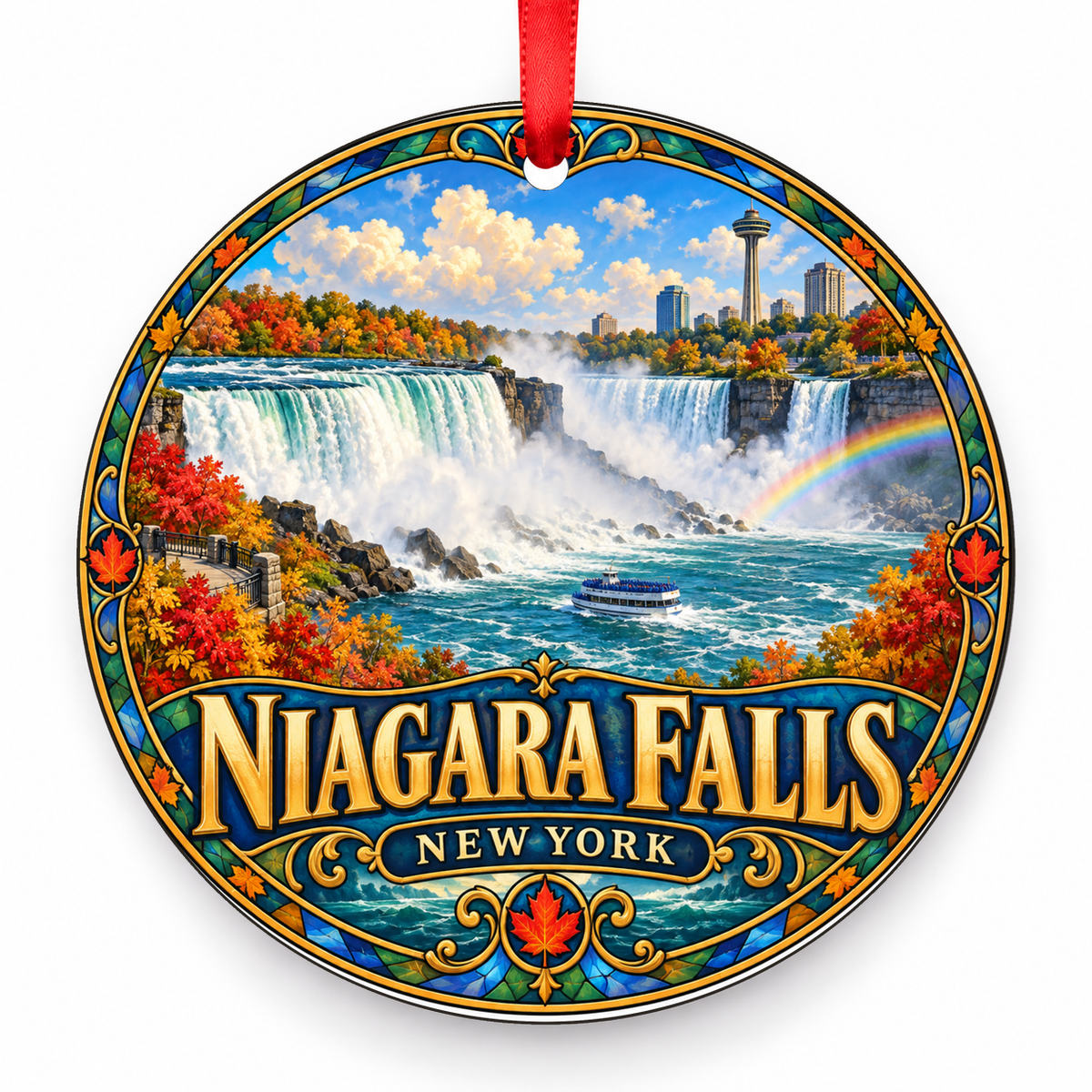 Niagara Falls, New York Retro Travel Christmas Ornament with red hanging ribbon