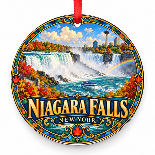 Niagara Falls, New York Retro Travel Christmas Ornament with red hanging ribbon
