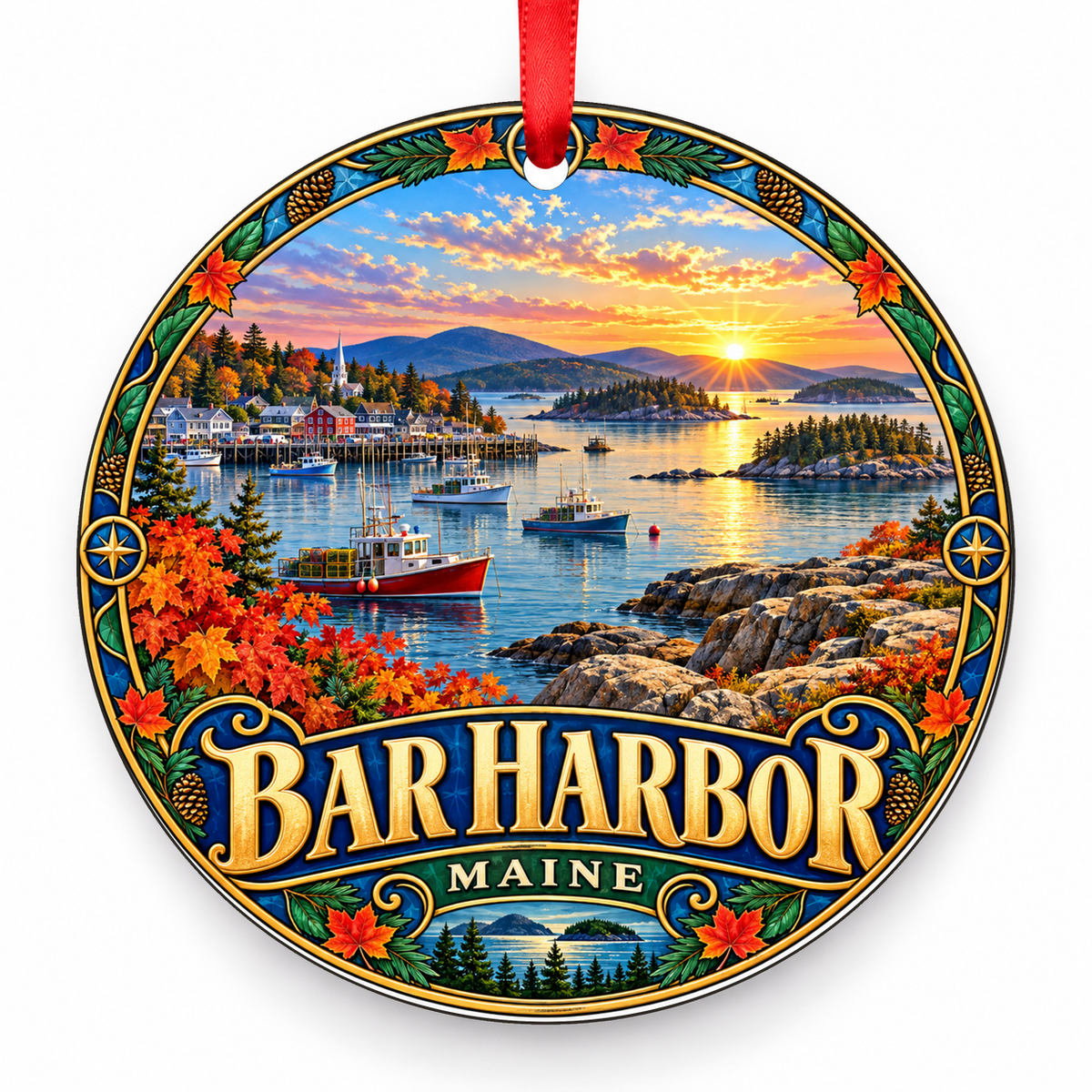 Bar Harbor, Maine Retro Travel Christmas Ornament with red hanging ribbon