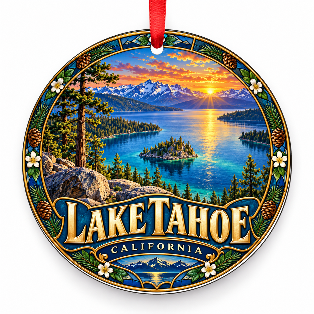 Lake Tahoe, California Retro Travel Christmas Ornament with red hanging ribbon