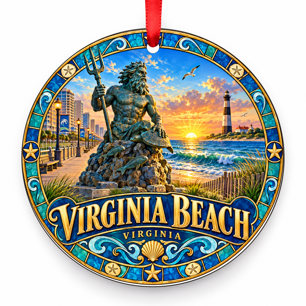 Virginia Beach Retro Travel Christmas Ornament with red hanging ribbon