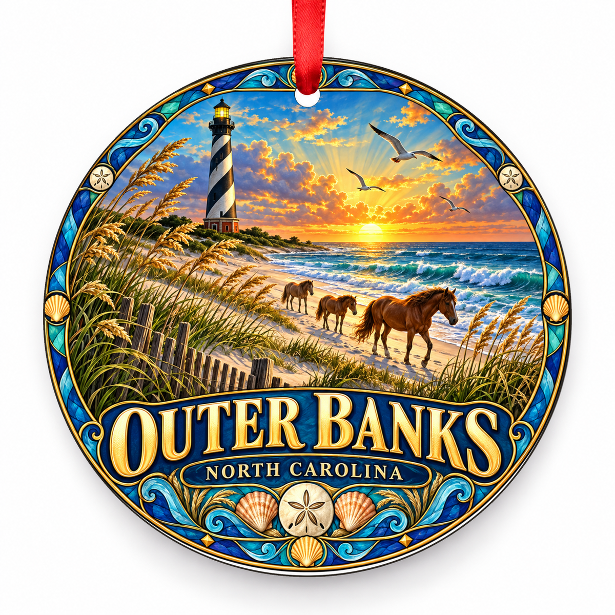 Outer Banks, North Carolina Retro Travel Christmas Ornament with red hanging ribbon