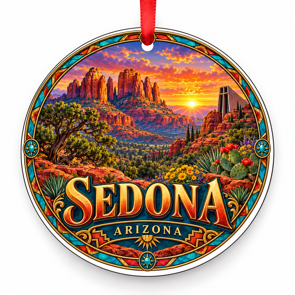 Sedona, Arizona Retro Travel Christmas Ornament with red hanging ribbon