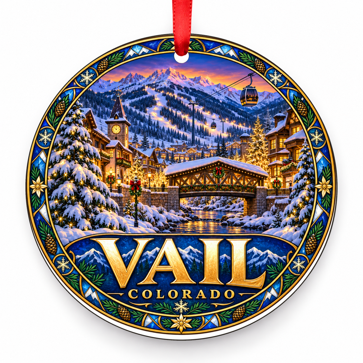 Vail, Colorado Retro Travel Christmas Ornament with red hanging ribbon