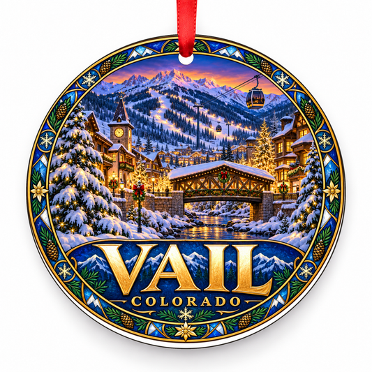 Vail, Colorado Retro Travel Christmas Ornament with red hanging ribbon