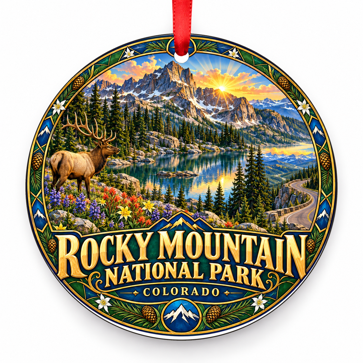 Rocky Mountain National Park, Colorado Retro Travel Christmas Ornament with red hanging ribbon
