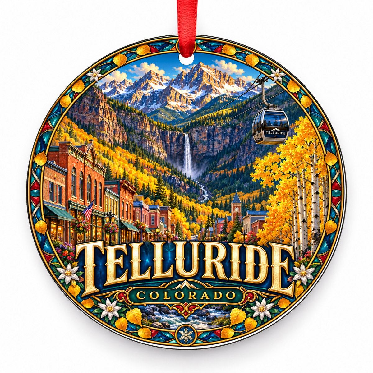 Telluride, Colorado Retro Travel Christmas Ornament with red hanging ribbon