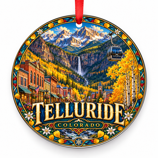 Telluride, Colorado Retro Travel Christmas Ornament with red hanging ribbon