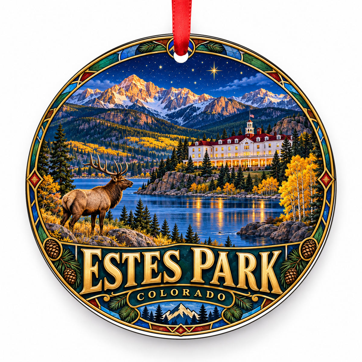 Estes Park, Colorado Retro Travel Christmas Ornament with red hanging ribbon