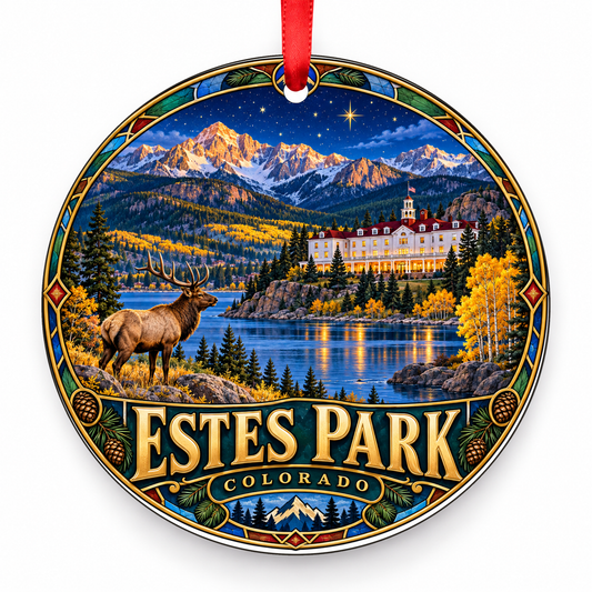 Estes Park, Colorado Retro Travel Christmas Ornament with red hanging ribbon