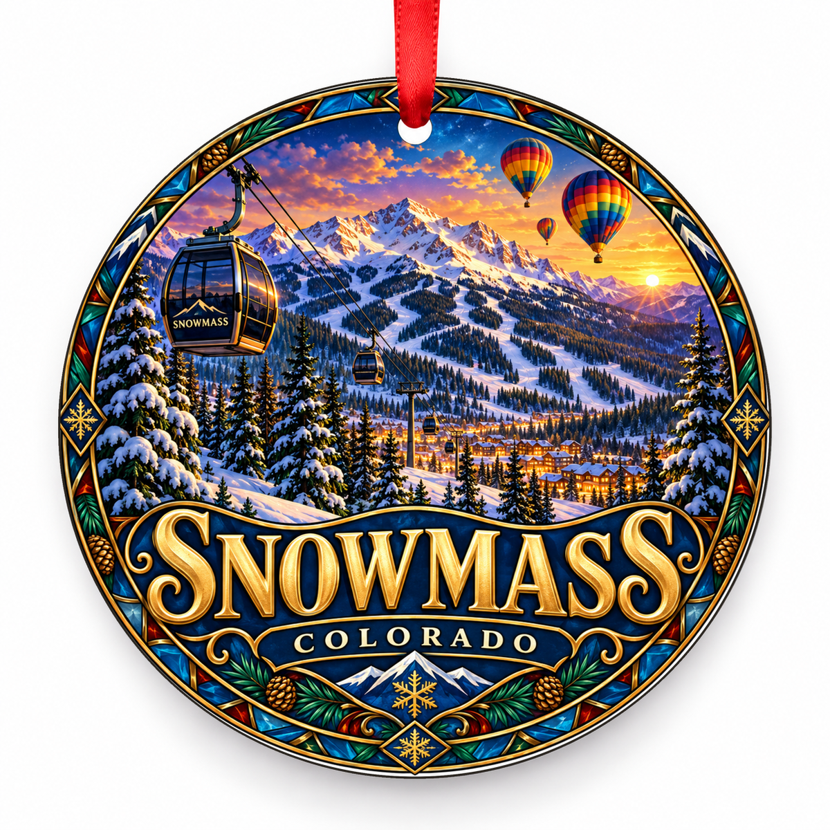 Snowmass, Colorado Retro Travel Christmas Ornament with red hanging ribbon