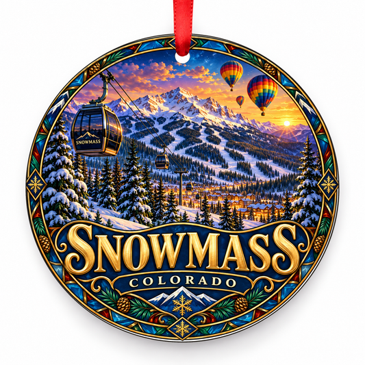 Snowmass, Colorado Retro Travel Christmas Ornament with red hanging ribbon