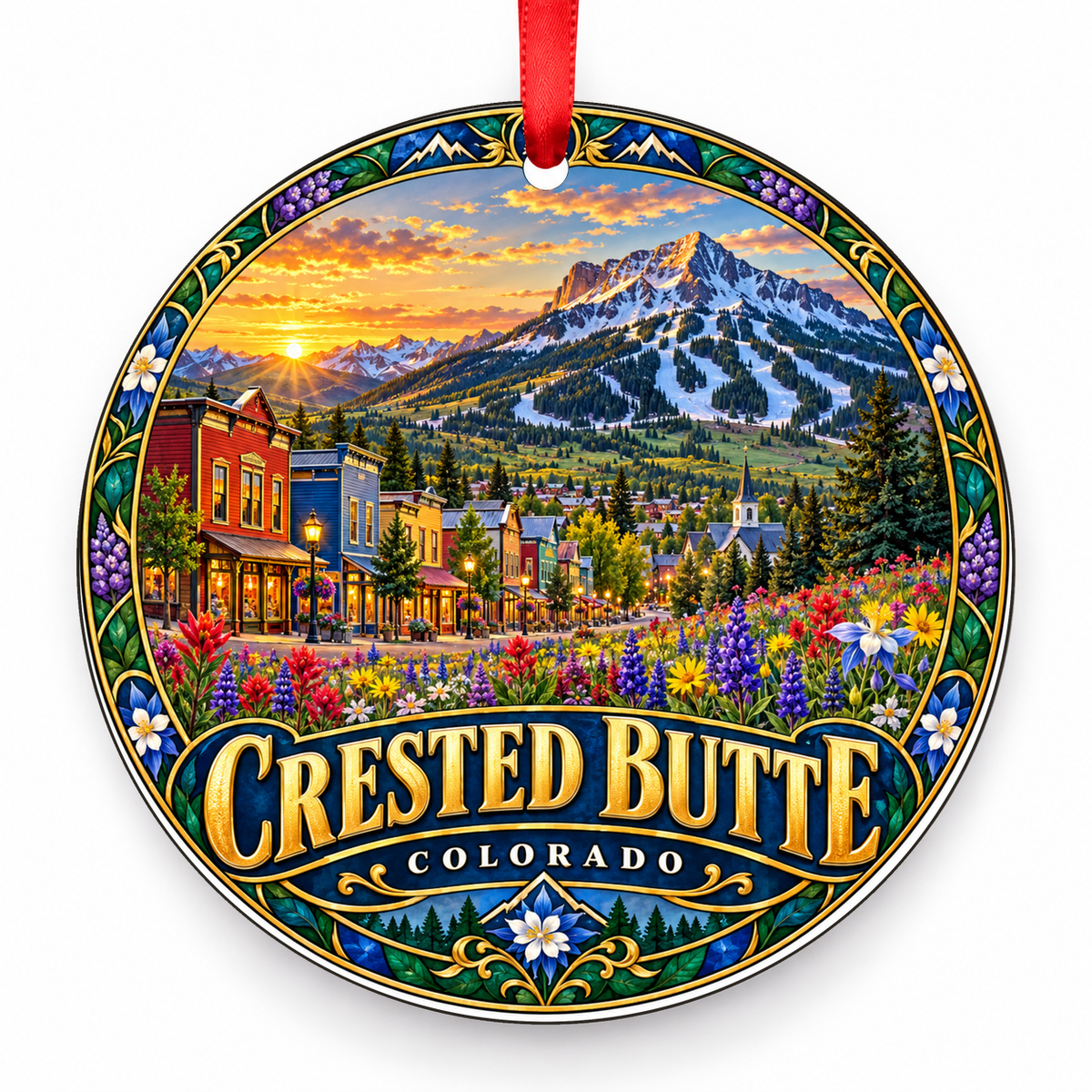 Crested Butte, Colorado Retro Travel Christmas Ornament with red hanging ribbon