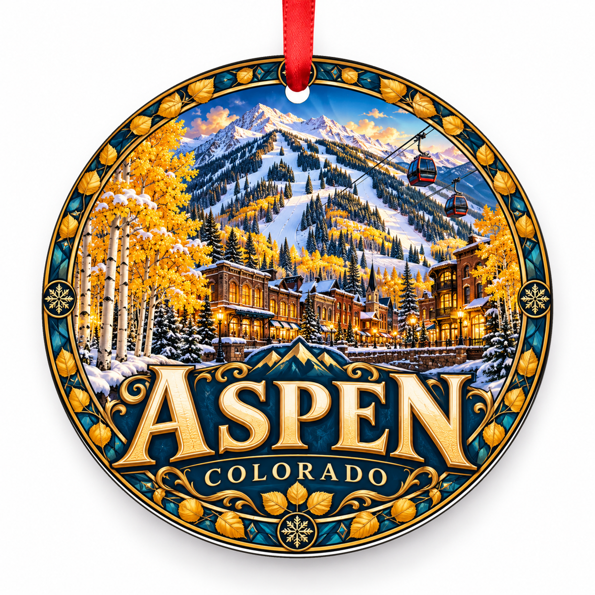 Aspen, Colorado Retro Travel Christmas Ornament with red hanging ribbon