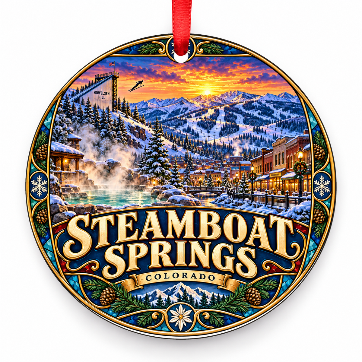 Steamboat Springs, Colorado Retro Travel Christmas Ornament with red hanging ribbon
