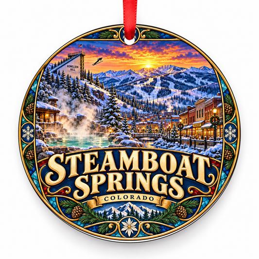 Steamboat Springs, Colorado Retro Travel Christmas Ornament with red hanging ribbon