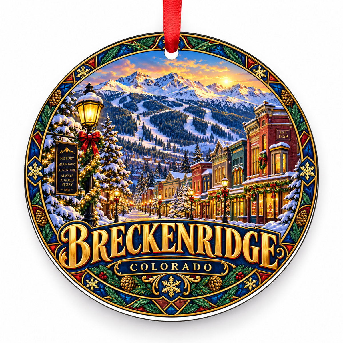 Breckenridge, Colorado Retro Travel Christmas Ornament with red hanging ribbon
