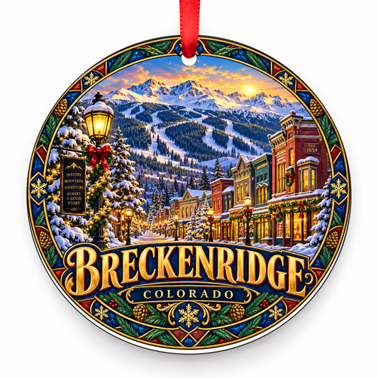 Breckenridge, Colorado Retro Travel Christmas Ornament with red hanging ribbon