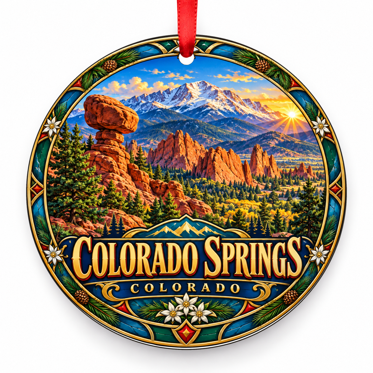 Colorado Springs Retro Travel Christmas Ornament with red hanging ribbon