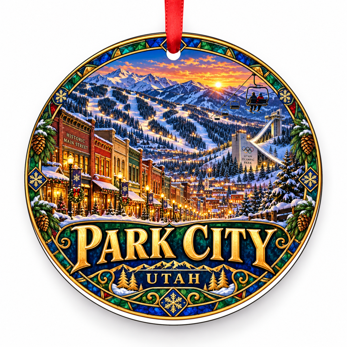 Park City, Utah Retro Travel Christmas Ornament with red hanging ribbon