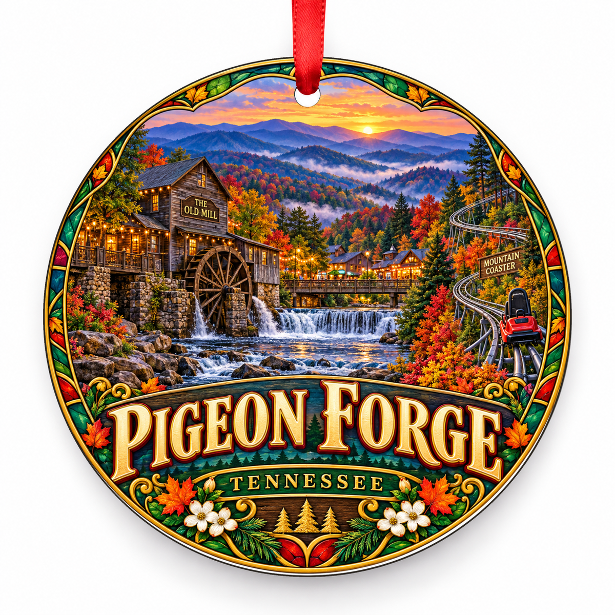 Pigeon Forge, Tennessee Retro Travel Christmas Ornament with red hanging ribbon