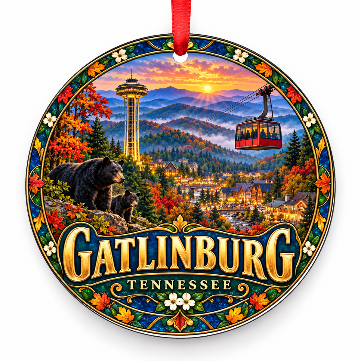 Gatlinburg, Tennessee Retro Travel Christmas Ornament with red hanging ribbon