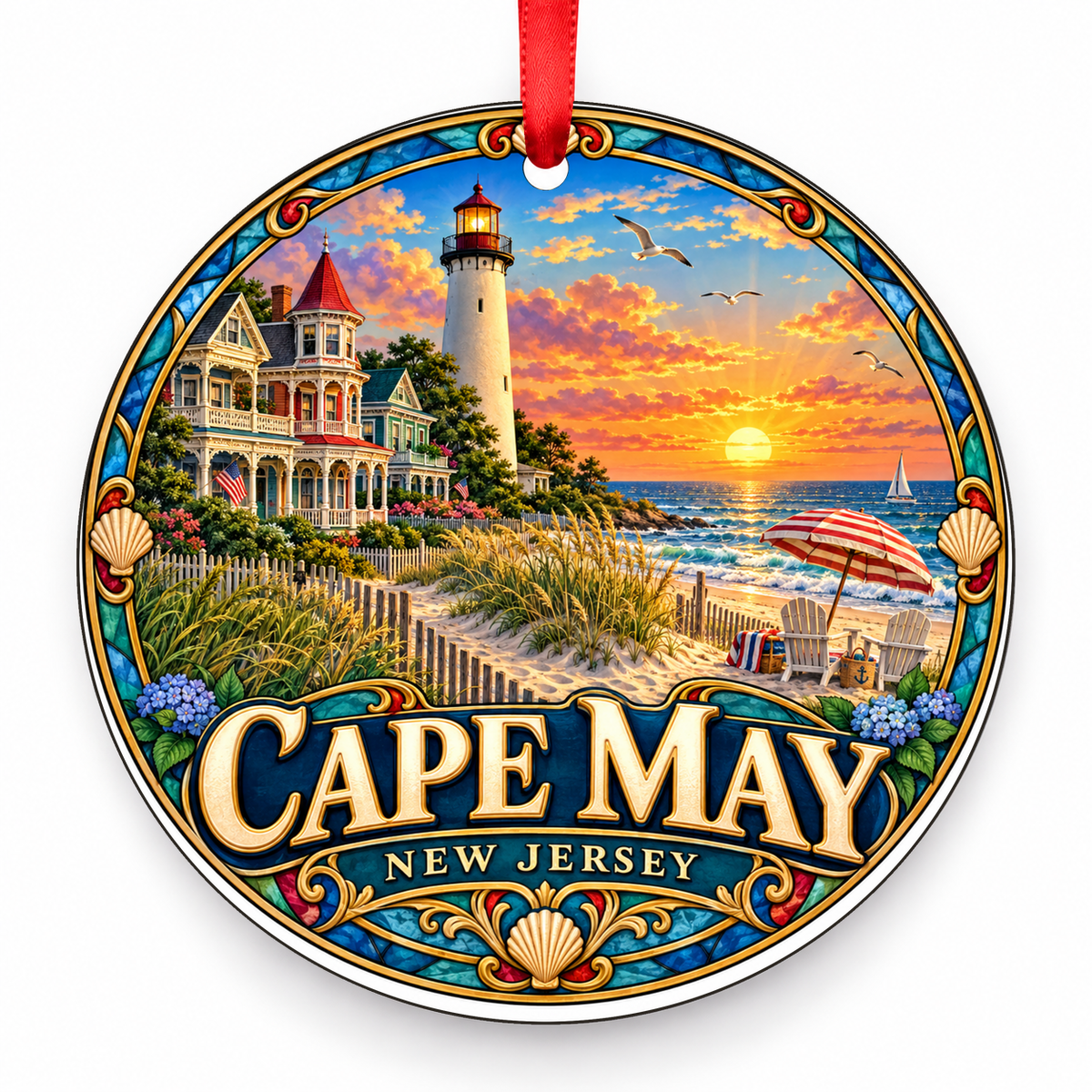 Cape May, New Jersey Retro Travel Christmas Ornament with red hanging ribbon