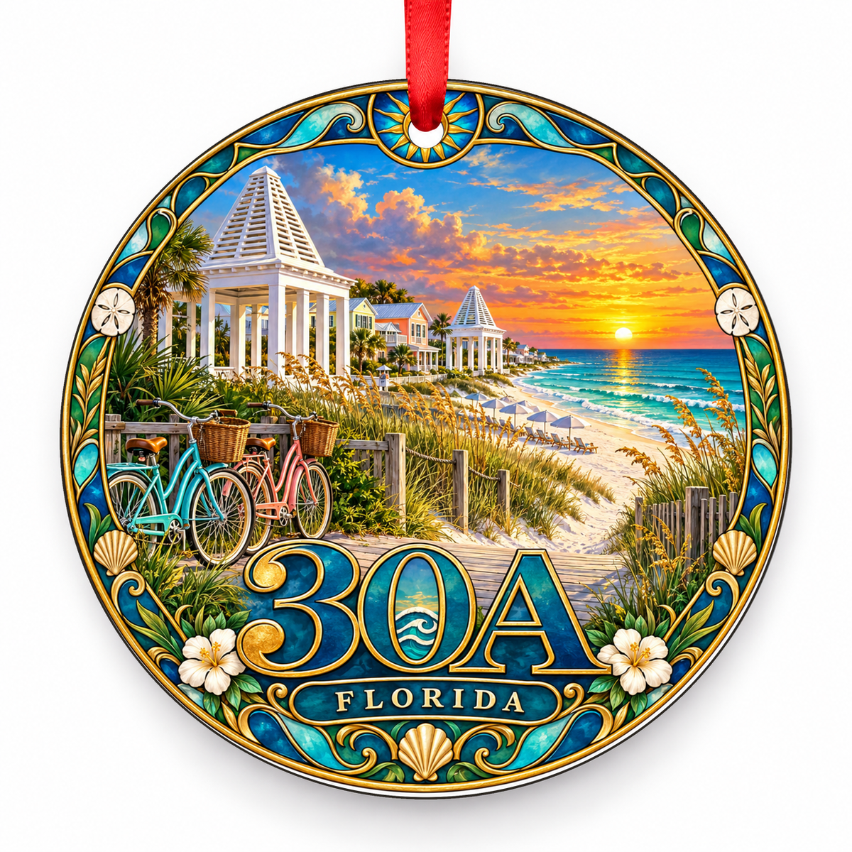 30A, Florida Retro Travel Christmas Ornament with red hanging ribbon