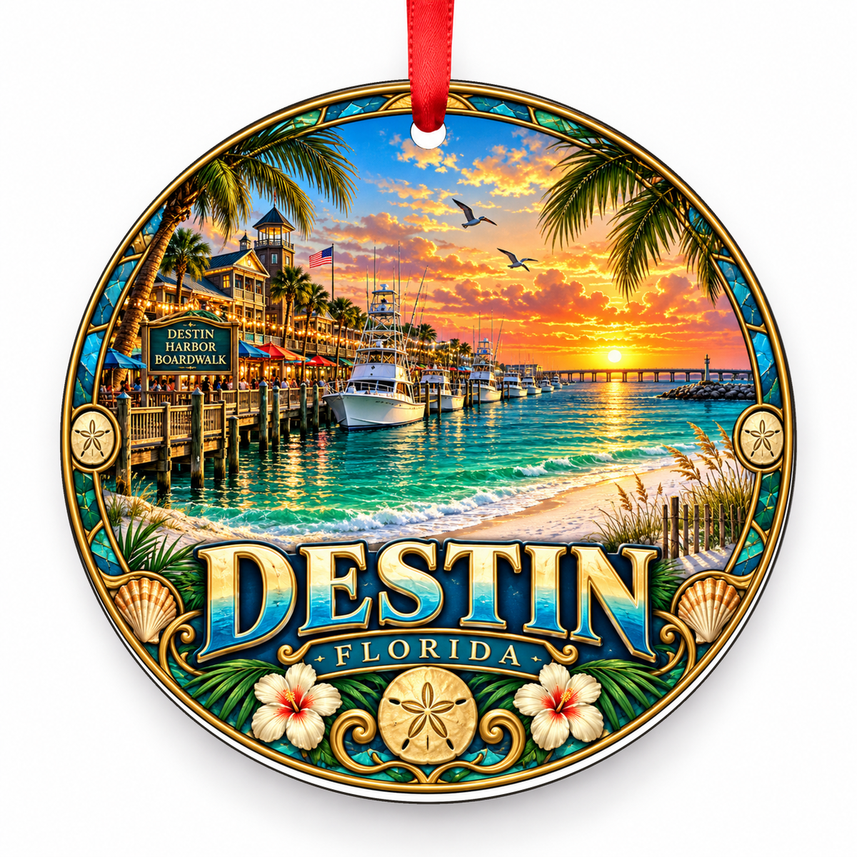 Destin, Florida Retro Travel Christmas Ornament with red hanging ribbon
