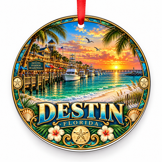 Destin, Florida Retro Travel Christmas Ornament with red hanging ribbon