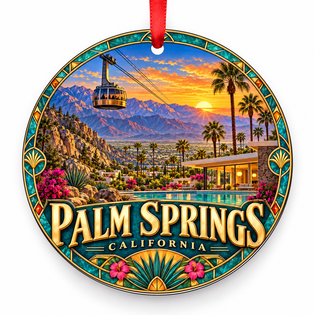 Palm Springs, California Retro Travel Christmas Ornament with red hanging ribbon