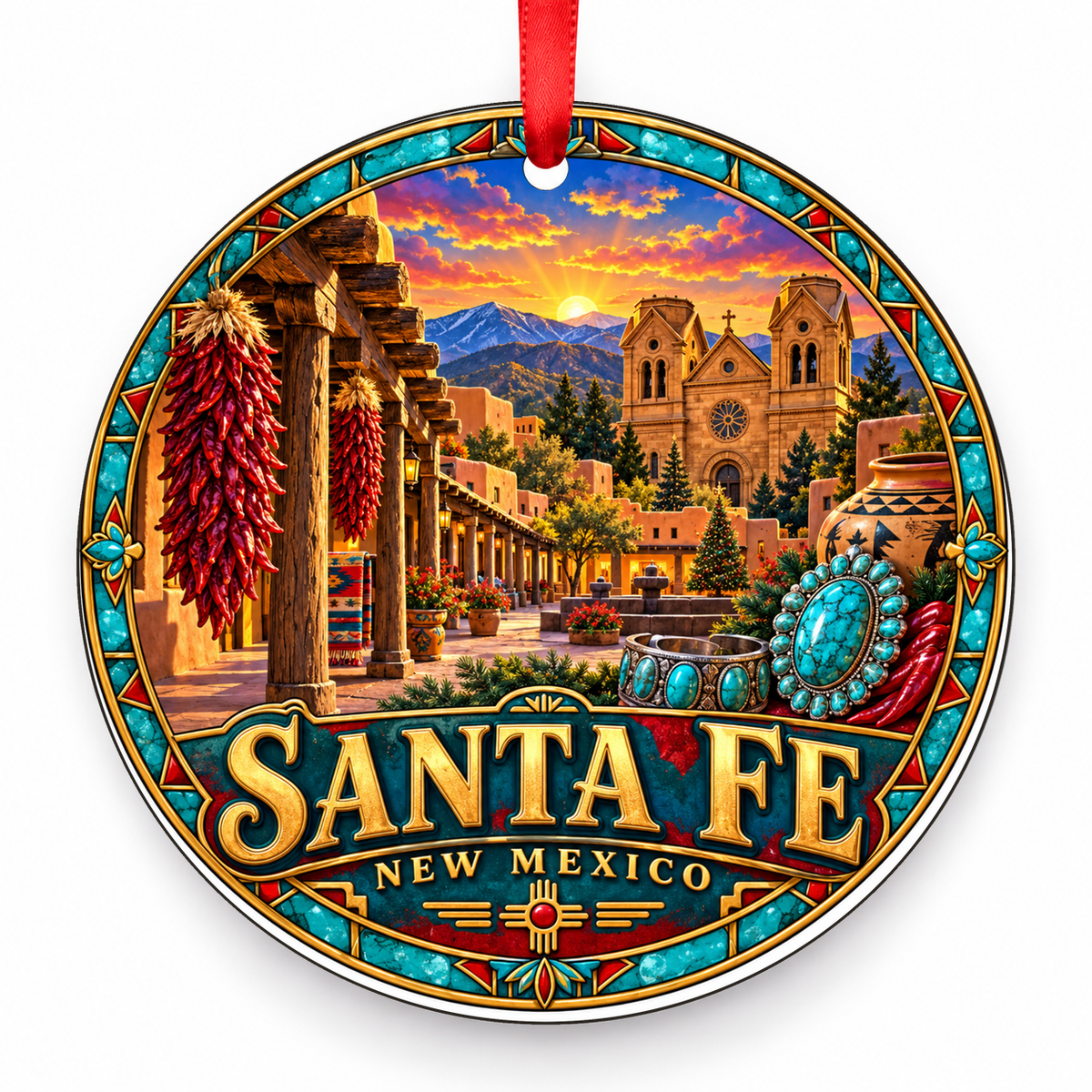Santa Fe, New Mexico Retro Travel Christmas Ornament with red hanging ribbon