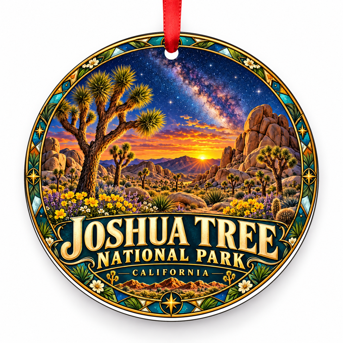 Joshua Tree, California Retro Travel Christmas Ornament with red hanging ribbon