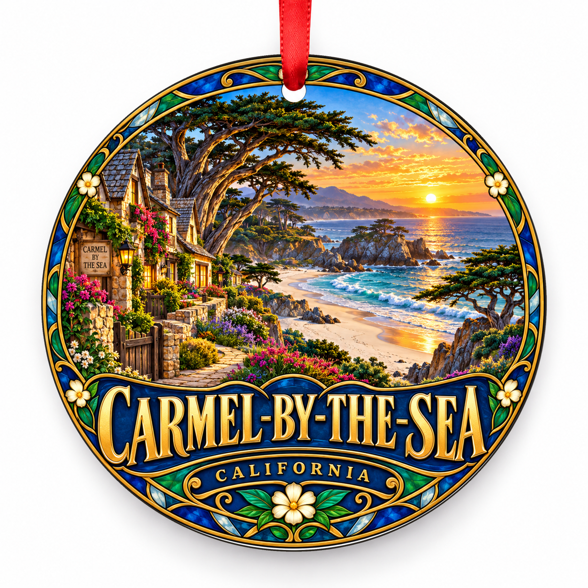 Carmel by the Sea, California Retro Travel Christmas Ornament with red hanging ribbon