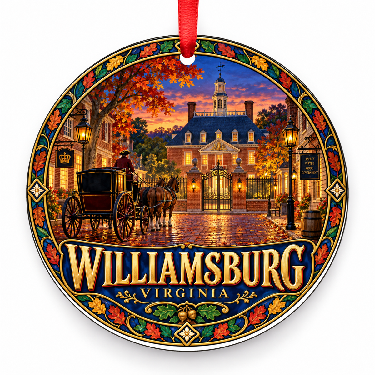 Williamsburg, Virginia Retro Travel Christmas Ornament with red hanging ribbon