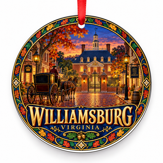 Williamsburg, Virginia Retro Travel Christmas Ornament with red hanging ribbon