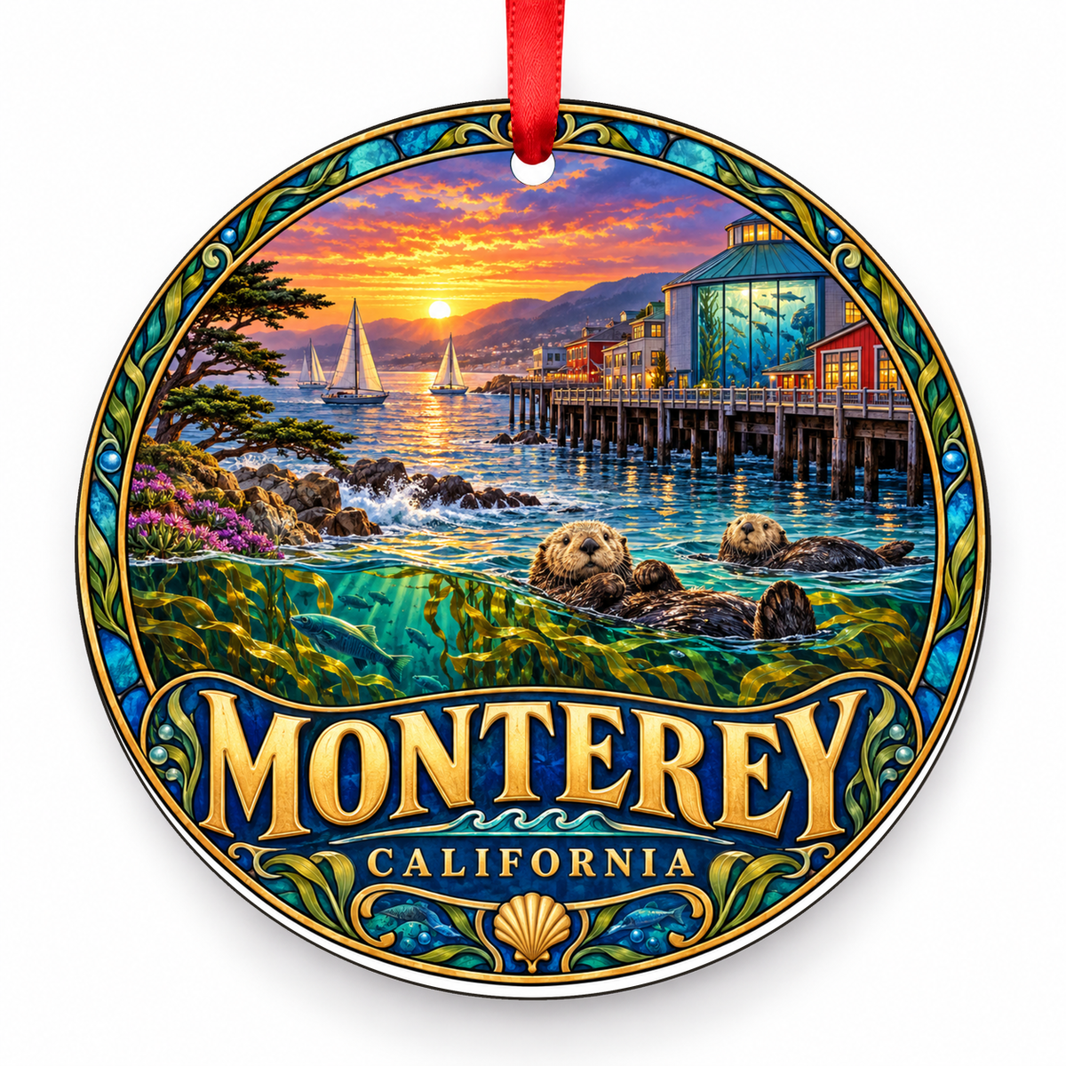 Monterey, California Retro Travel Christmas Ornament with red hanging ribbon