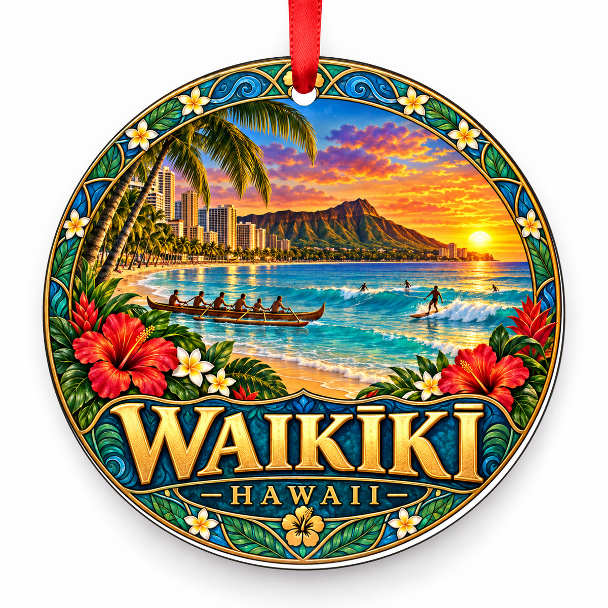 Waikiki, Hawaii Retro Travel Christmas Ornament with red hanging ribbon