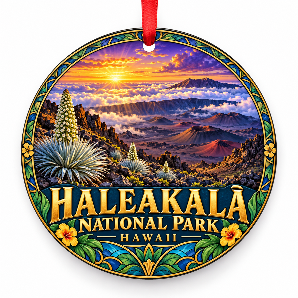 Haleakala, Hawaii Retro Travel Christmas Ornament with red hanging ribbon