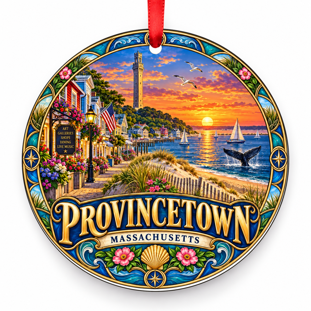 Provincetown, Massachusetts Retro Travel Christmas Ornament with red hanging ribbon