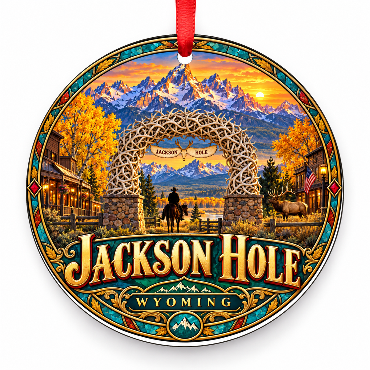 Jackson Hole, Wyoming Retro Travel Christmas Ornament with red hanging ribbon